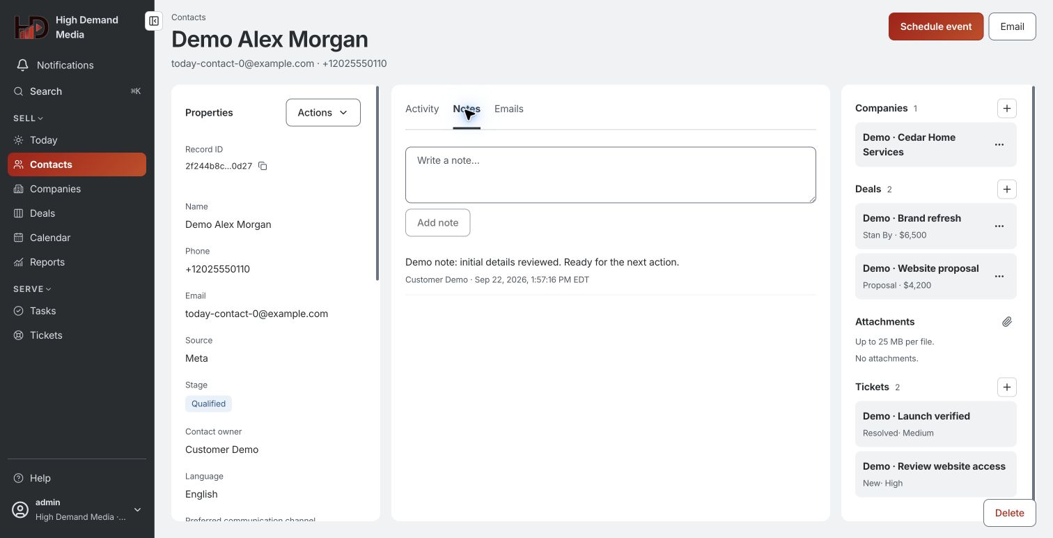CRM contact record with fictional customer details, notes and activity